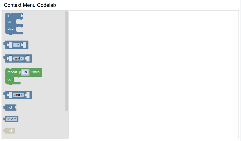 A web page with the text &ldquo;Context Menu Codelab&rdquo; and a simple Blockly workspace.