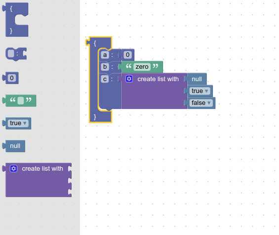 Screenshot of the toolbox and workspace built in this codelab. It contains blocks that implement the JSON spec, like member, object, lists, strings, and numbers.