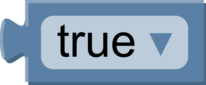 The boolean block lets the user select &lsquo;true&rsquo; or &lsquo;false&rsquo; from a dropdown menu.