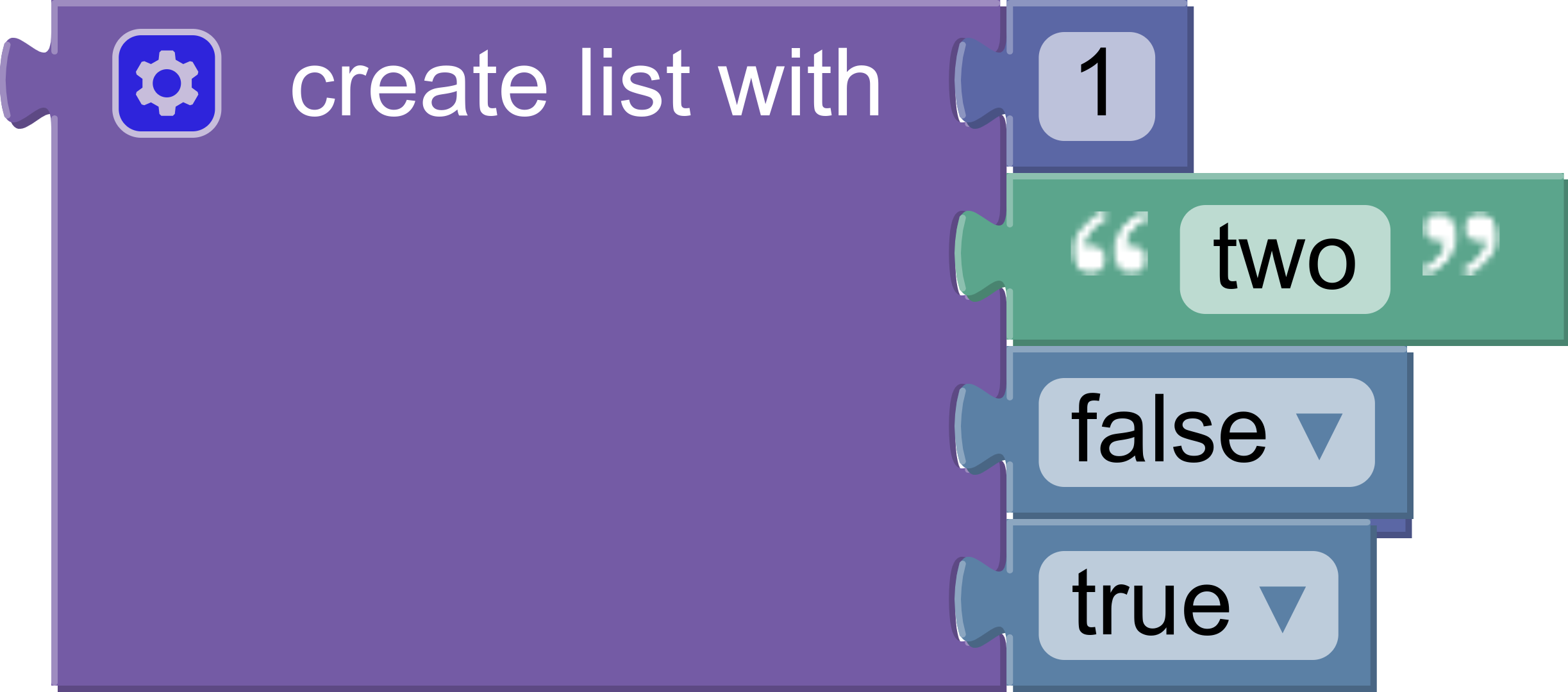 The array block can have multiple value inputs. This example has four blocks connected to it: 1, &ldquo;two&rdquo;, false, and true.