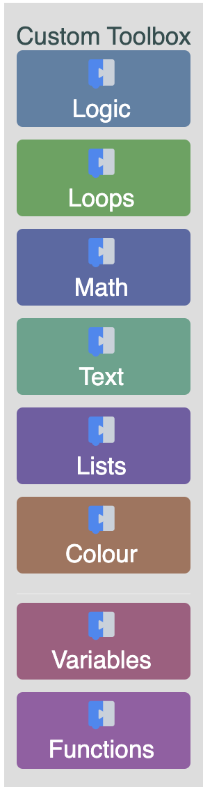 A toolbox with colored background and the blockly label above the category text.