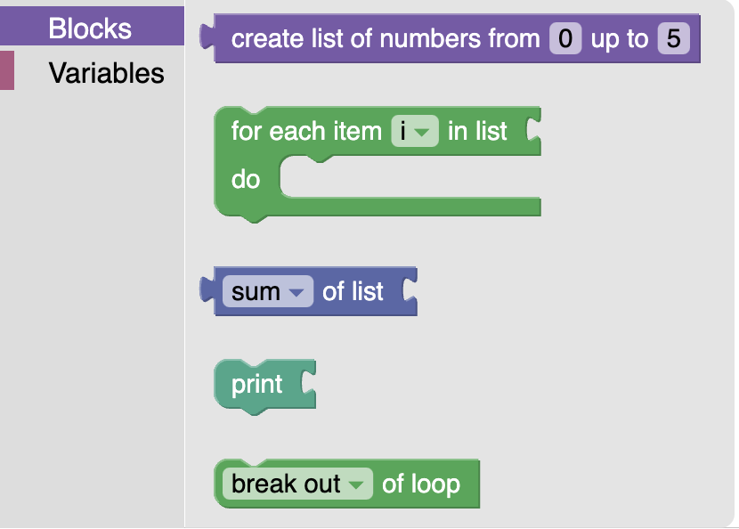 A Blockly toolbox containing range, for-each, sum, print, and break blocks.